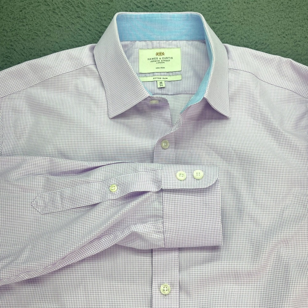 HAWES & CURTIS LONDON Mens Fitted Slim Non Iron Shirt Lavender Gingham‎ Sz 16 34